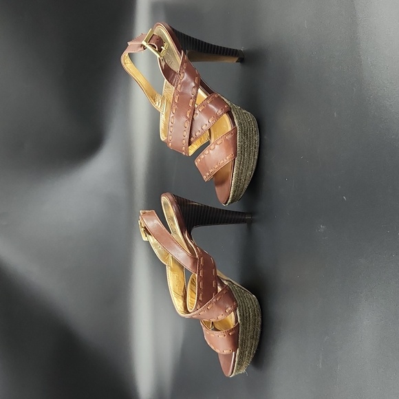Loft Brown Leather Platform Heels Strappy Sandals Size 6 Espadrille Rope Detail - Picture 3 of 15